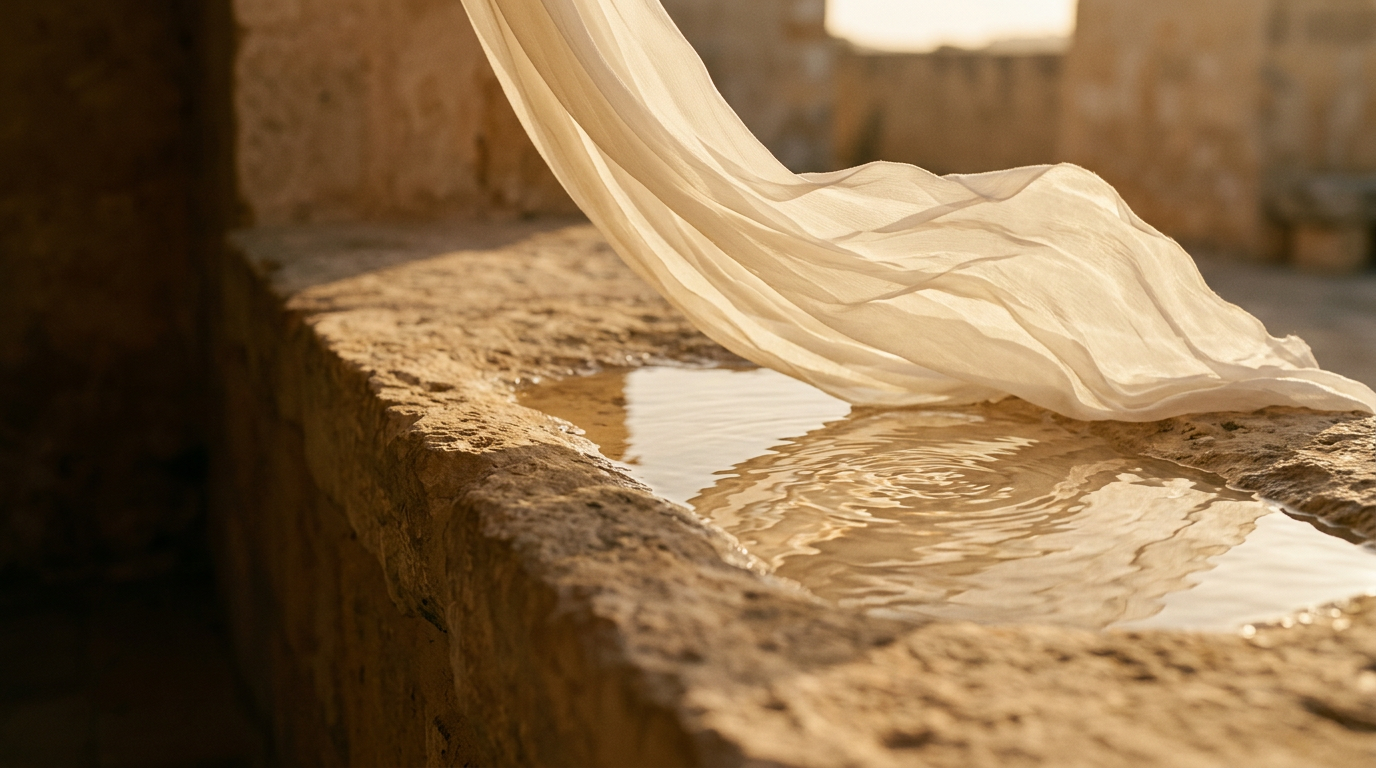 Translucent ivory silk drifting over sunlit limestone and a shallow pool of reflected Mediterranean light