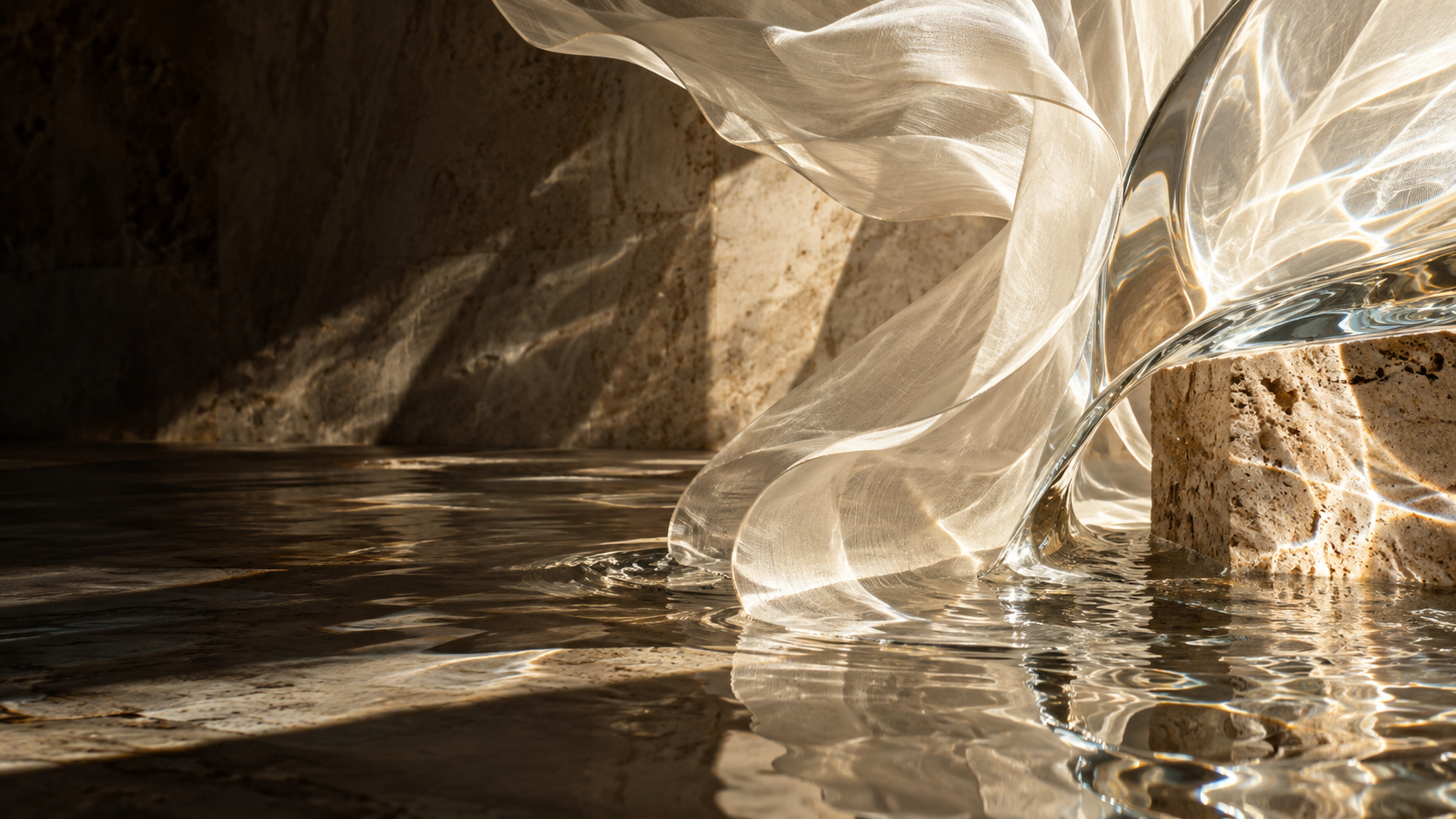 Sheer silk and liquid glass flowing into still water beside travertine stone, lit by raking golden light