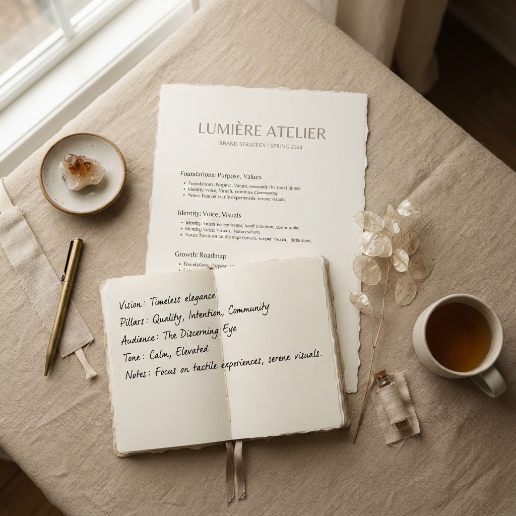 Minimal brand strategy document on warm linen