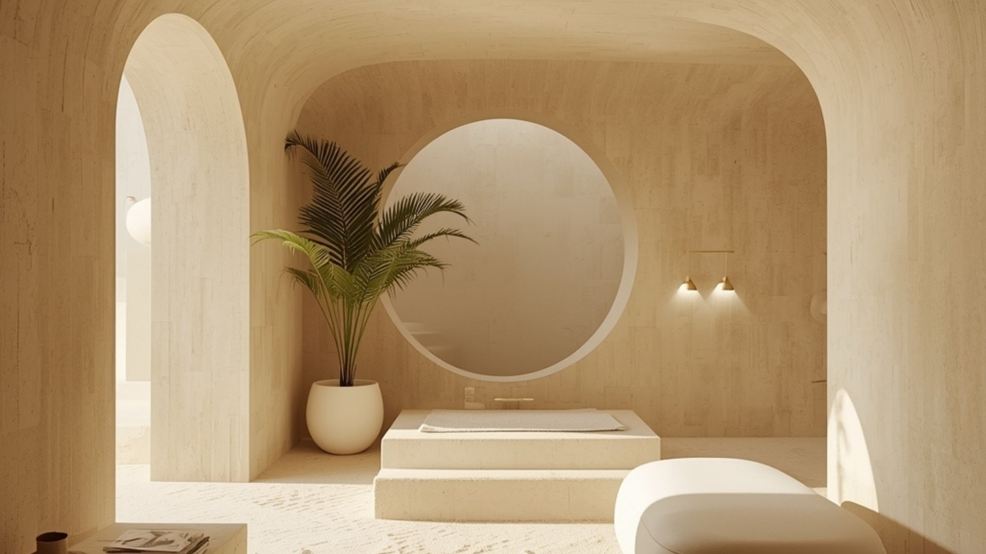 Aluna wellness clinic — serene minimalist spa interior with a travertine arch, round mirror and warm plaster walls